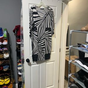 Black and white graphic midi dress with sheer panels